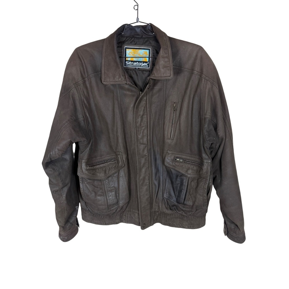 Stratojac Mens XL Brown Leather Bomber Jacket Vintage Distressed Aviator Coat